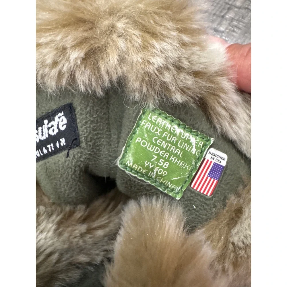 Earth Shoes Central Powder Khaki Leather Faux Fur Thinsulate Boots Womens 7.5B
